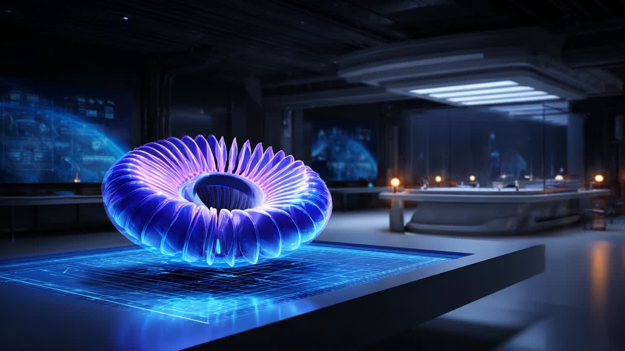 Futuristic Holographic Design: A Stunning Display of a Radiant Torus-Shaped Fixture Emitted with Brilliant Colors, Showcasing The Beauty of Modern Technology in an Advanced Tech Environment