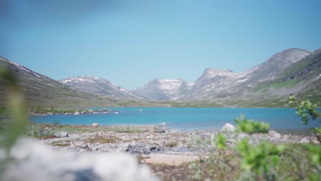 溫和的藍色湖水和美麗的山景在挪威的夏天