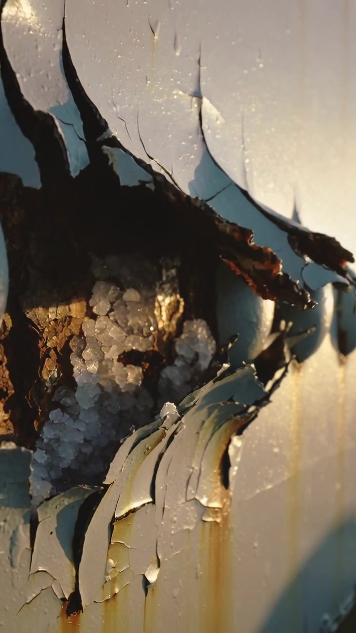 Vertical video: Camera moving showing peeling painted panel exposing foam beads and rust for repair