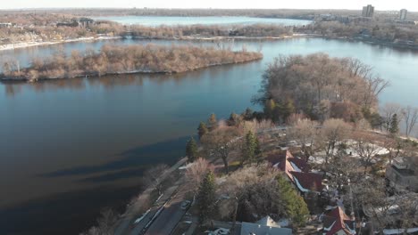 Aerial-footage-lake-of-the-isles-and-Calhound-lake,minnesota,-during-a-sunny-afternoon