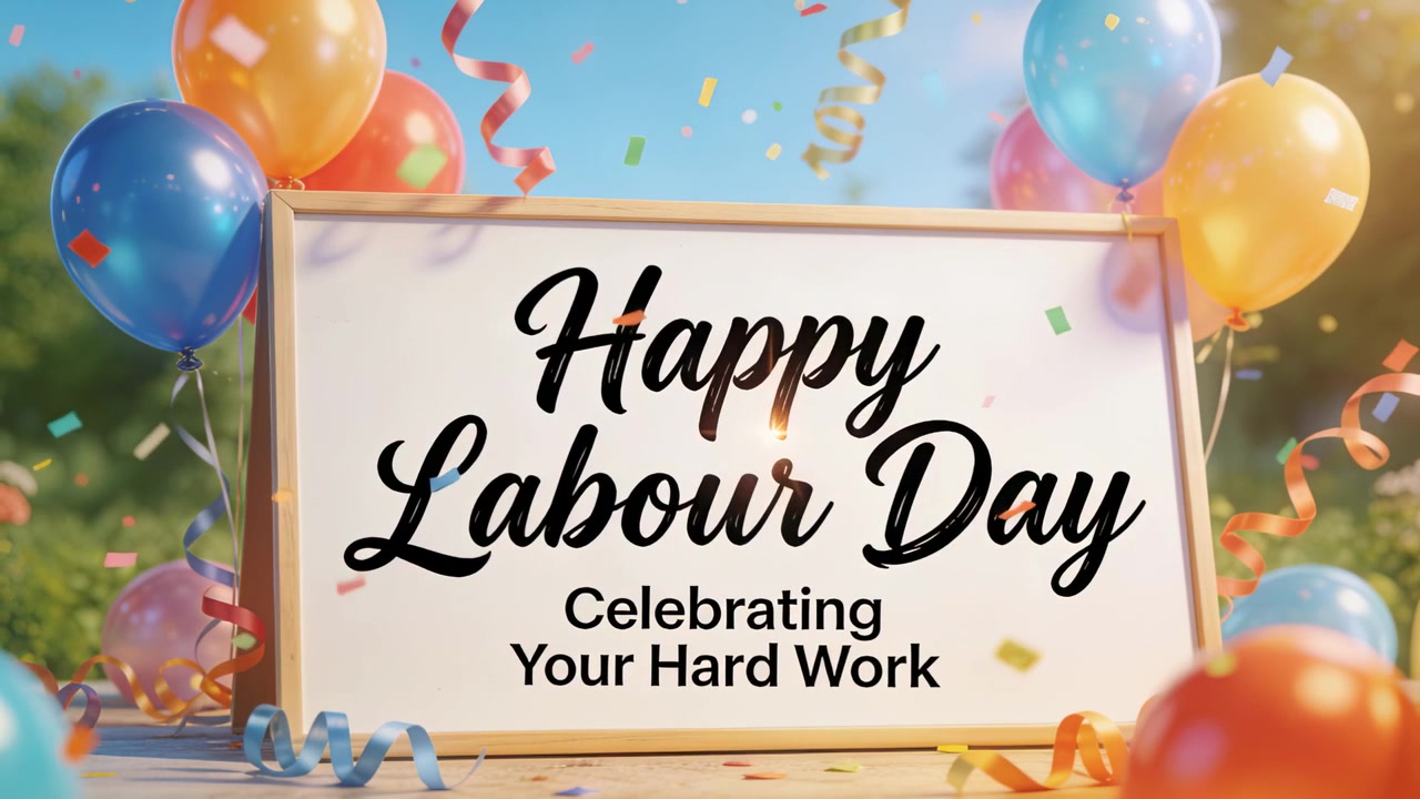 Coriandoli che cadono, cartello di legno che celebra la Festa del Lavoro su un tavolo del parco con palloncini colorati.