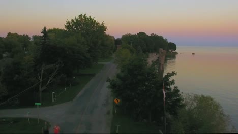 aerial flyover cottages at lake erie, ontario, canada