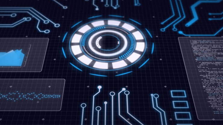 Animation of data processing on screens and scope scanning with circuit board over black background