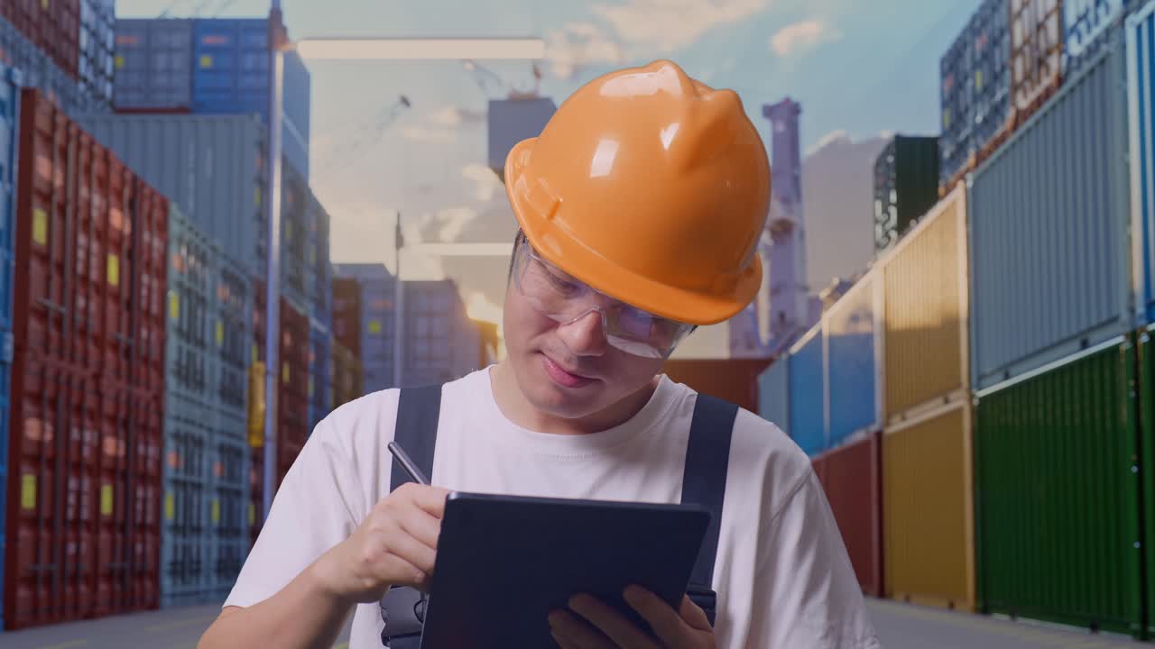 primer plano de un trabajador asiático con gafas de protección y casco de seguridad tomando nota en una tableta mientras está de pie en el almacén del patio de contenedores