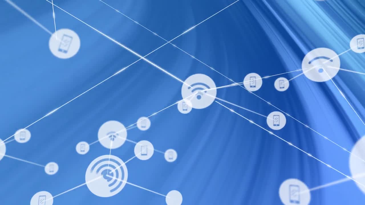 animación de iconos conectados a wi-fi y teléfonos celulares sobre el patrón de onda en el fondo
