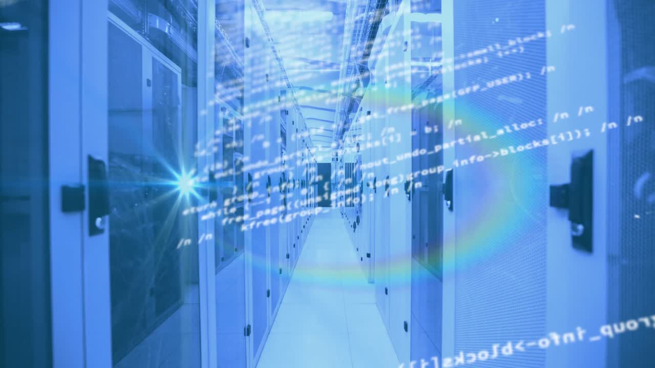 Animation of data processing over tech room with computer servers