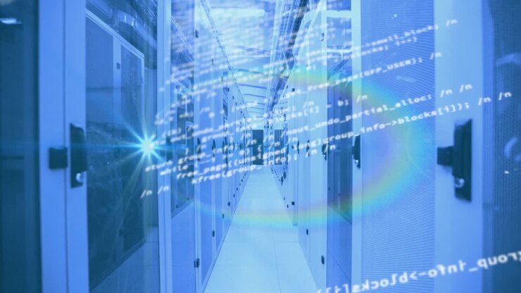 Animation of data processing over tech room with computer servers