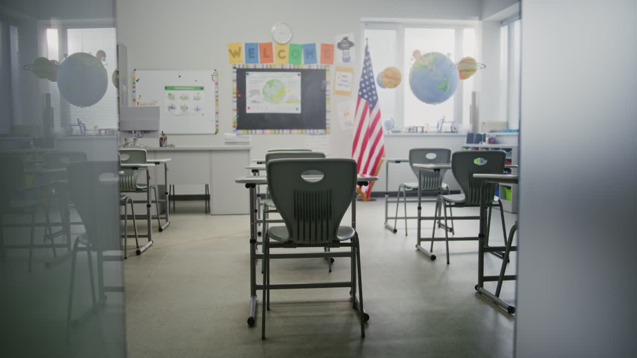American Elementary School Interior of Empty Classroom with Desks for Students