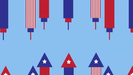 Animation-Eines-Mit-Amerikanischer-Flagge-Geschmückten-Feuerwerks,-Das-Sich-über-Blauem-Hintergrund-Bewegt