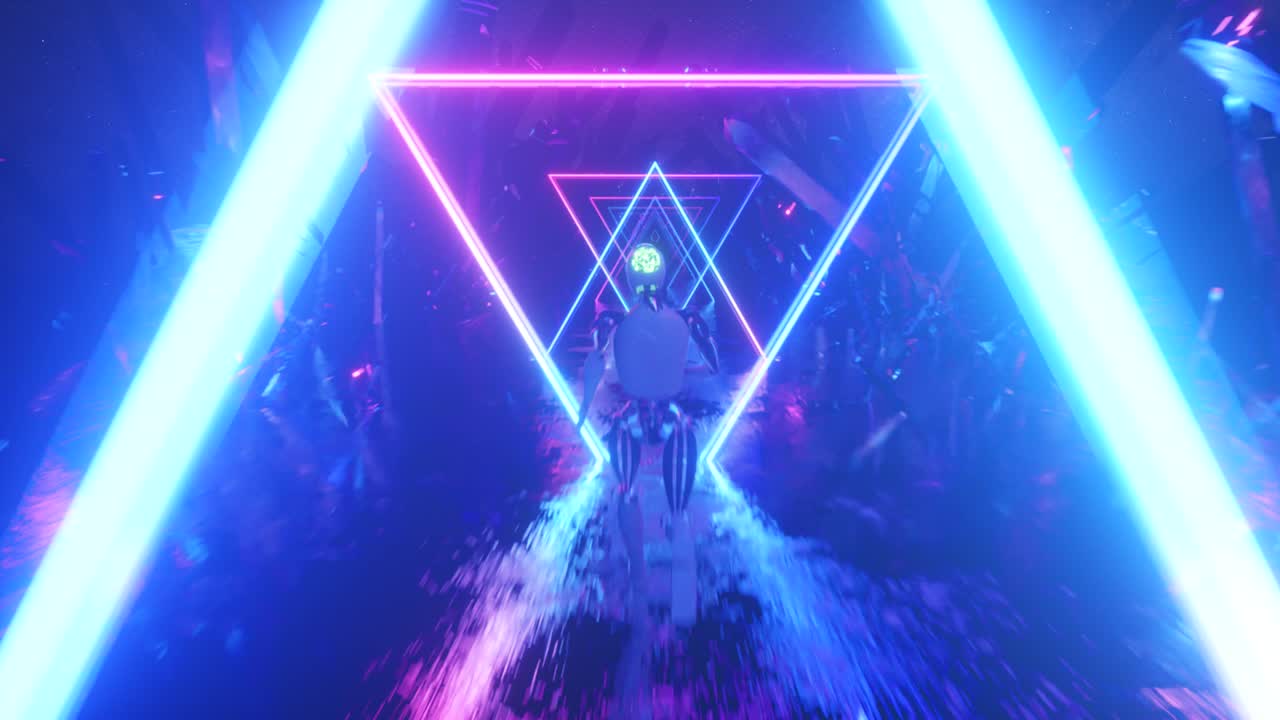 robot corriendo en el espacio exterior abstracto a lo largo de formas geométricas de neón y cristales. bucle sin costuras 3d render