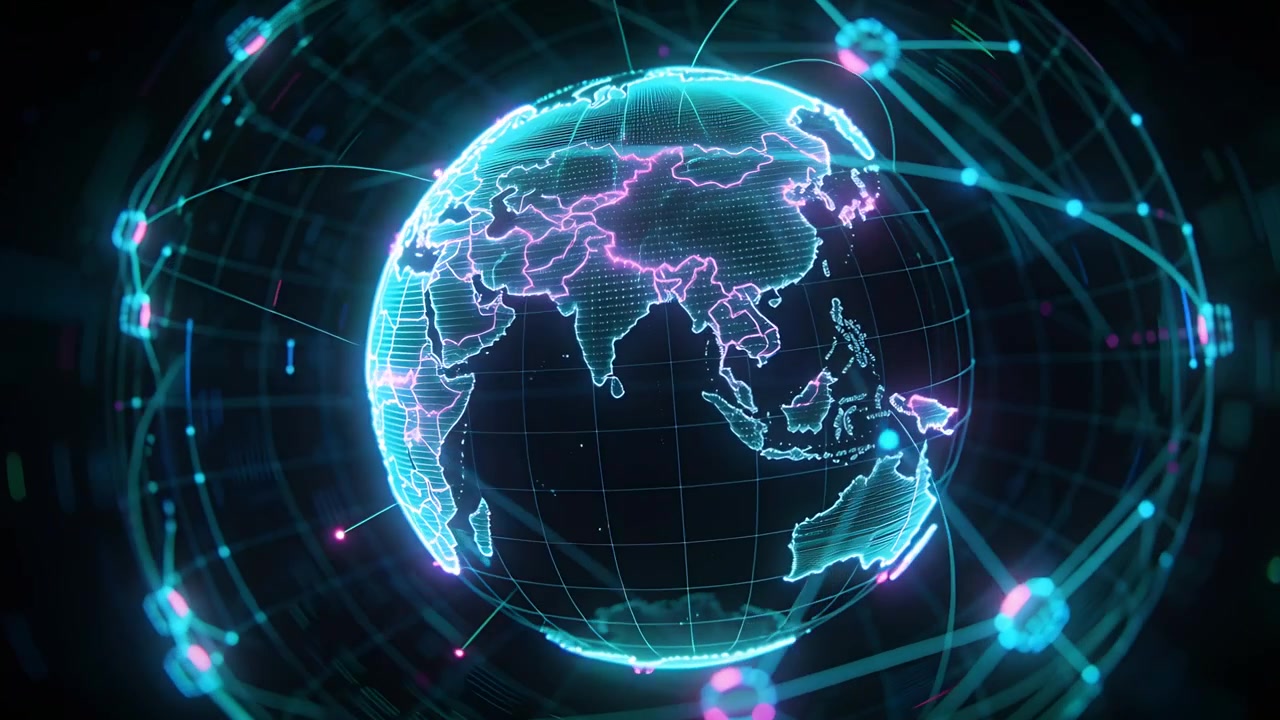 Rotating wireframe globe as frames open in dark space, pulsing pink-cyan nodes tracing data flow