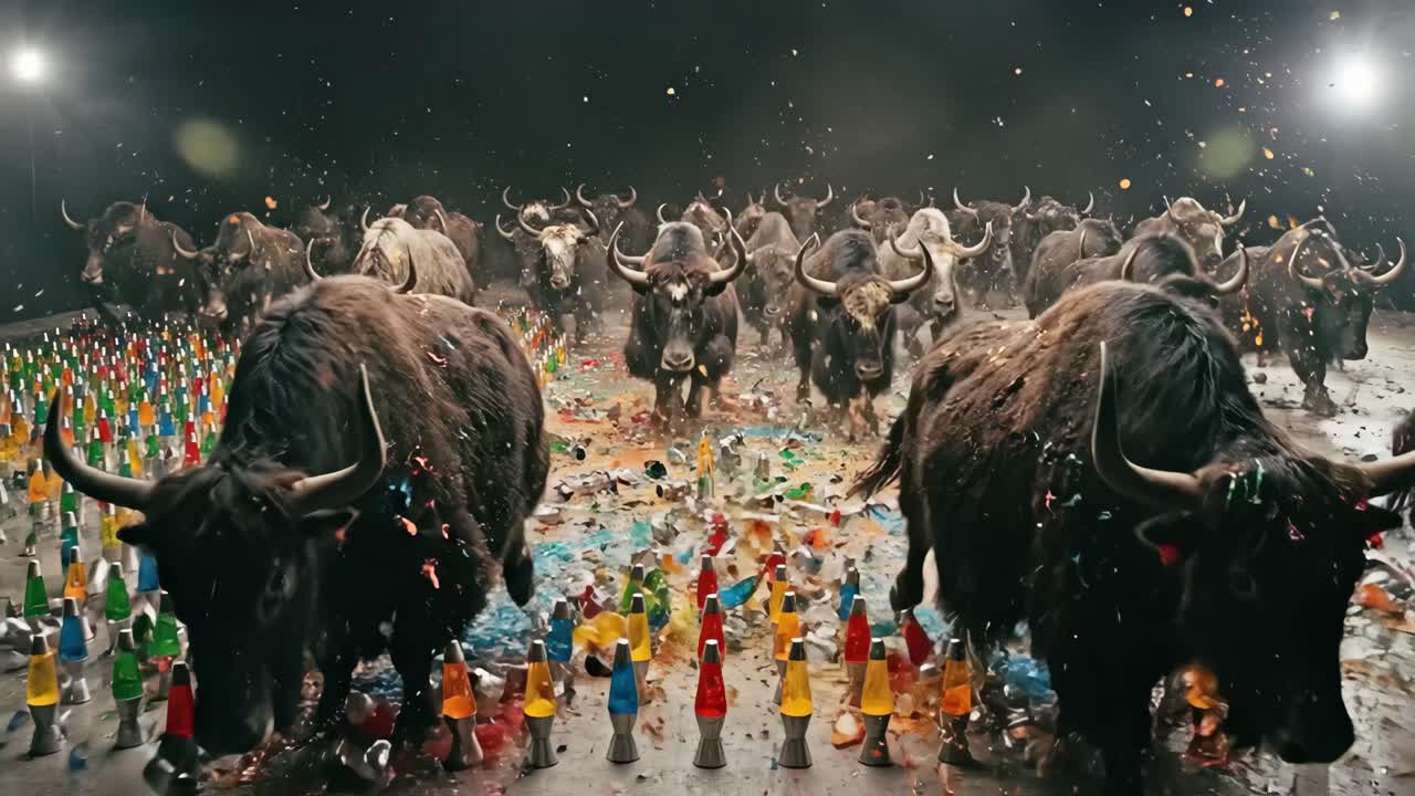 Herd of Yaks Running and Smashing Colorful Lava Lamps