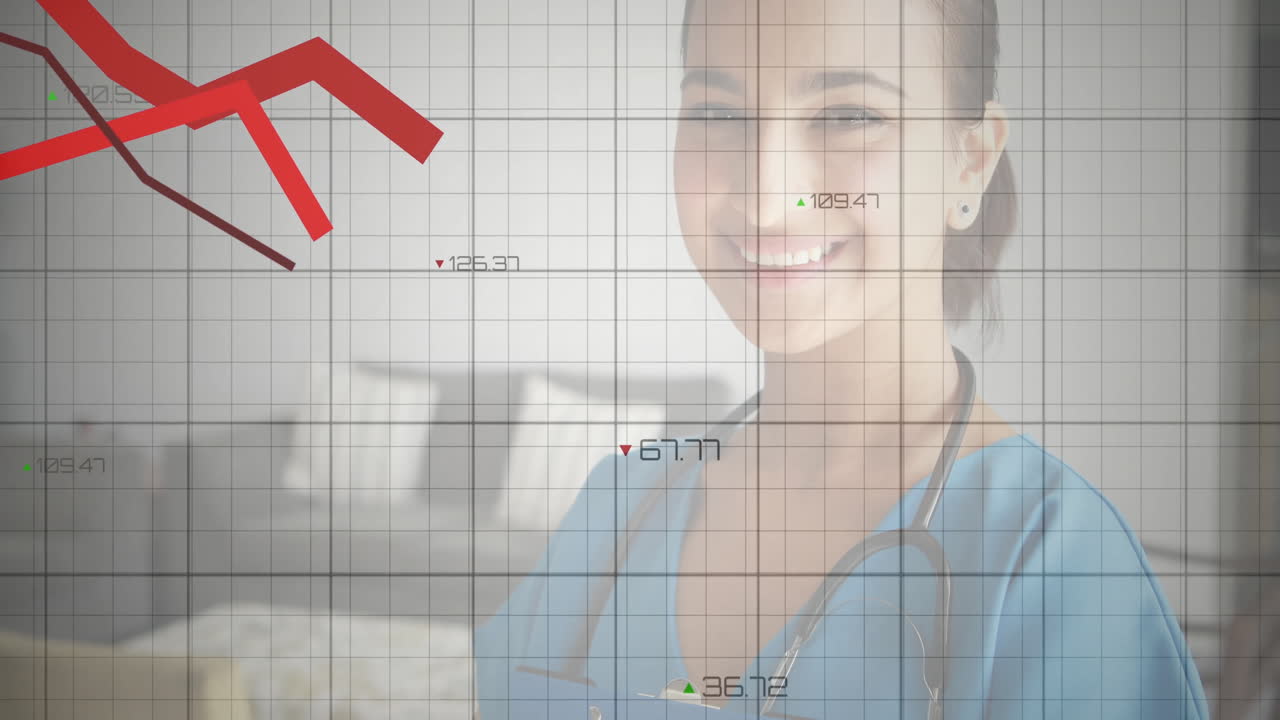 Nurse holding clipboard under health tech grid overlay, floating numbers and falling red trend line