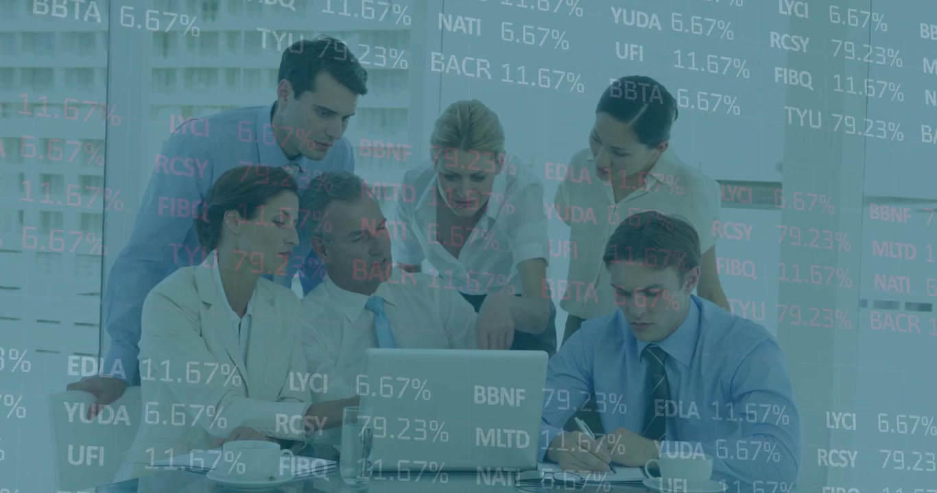 Seated man opening laptop, team leaning in and analyzing financial data with percent overlay