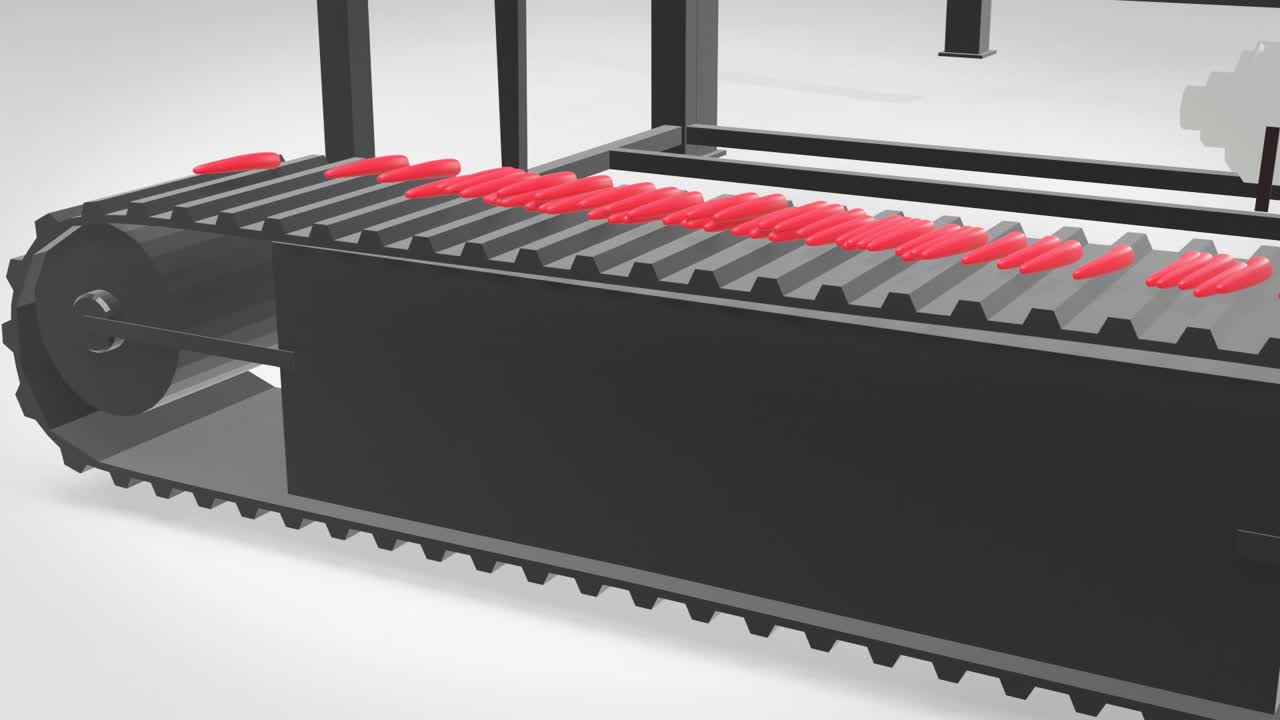 컨베이어 벨트에서 지나가는 칠리 야채, 4k 추상 3d 애니메이션