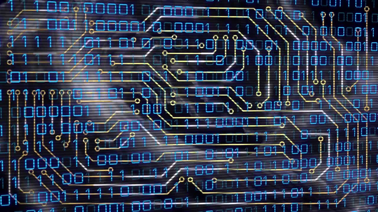 animación del procesamiento de datos y codificación binaria en una placa de circuitos informáticos