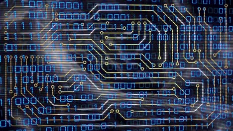 animation of data processing and binary coding over computer circuit board
