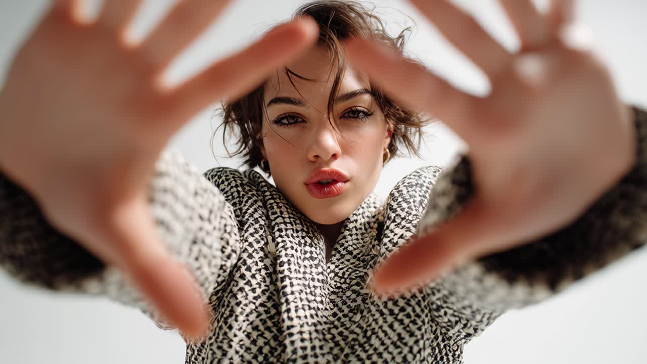 Fashion model posing with hands in slow motion on white background