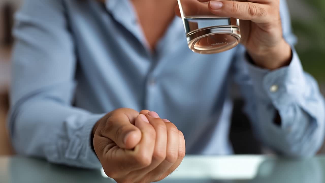 Person Preparing to Take Medication with Glass of Water, Showcasing Close-Up of Pills in Hand and Refreshed Focus on Health and Wellness Practices