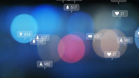 Animation-of-social-media-icons-and-numbers-over-out-of-focus-flickering-lights