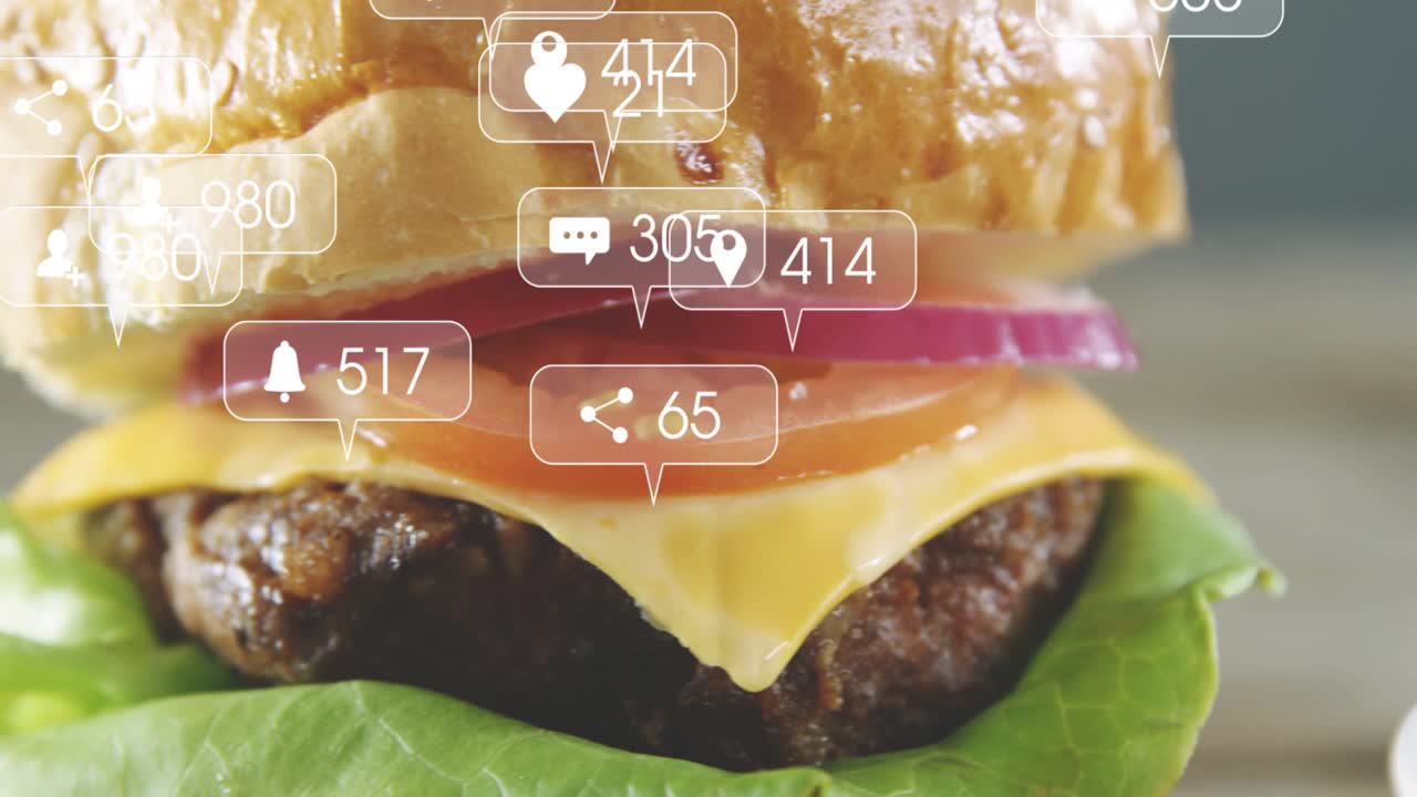 Social icons popping above dip cup causing burger sliding to center zooming revealing rising likes