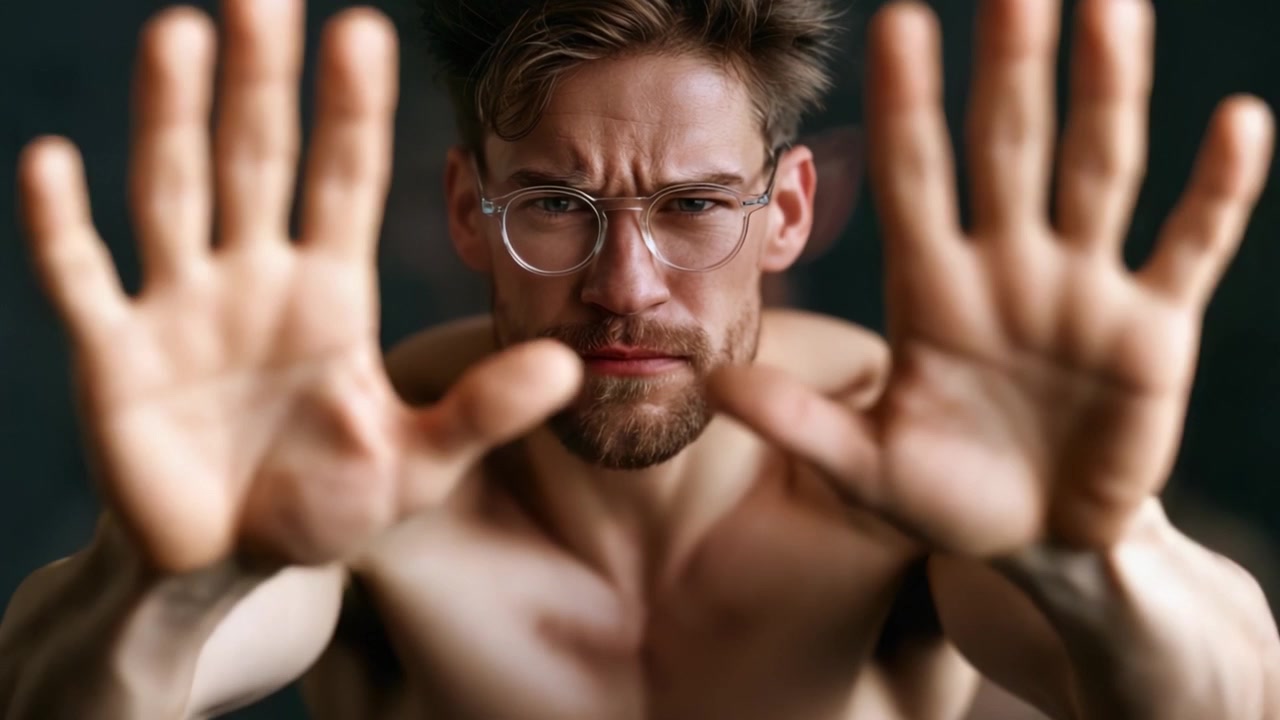 Intense Close-Up of a Determined Male Figure with Glasses, Capturing Emotion and Strength in a Dynamic Pose Against a Dark Background