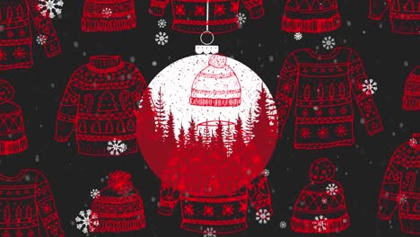 Snowflakes-over-hanging-bauble-against-christmas-sweater-in-seamless-pattern-on-black-background