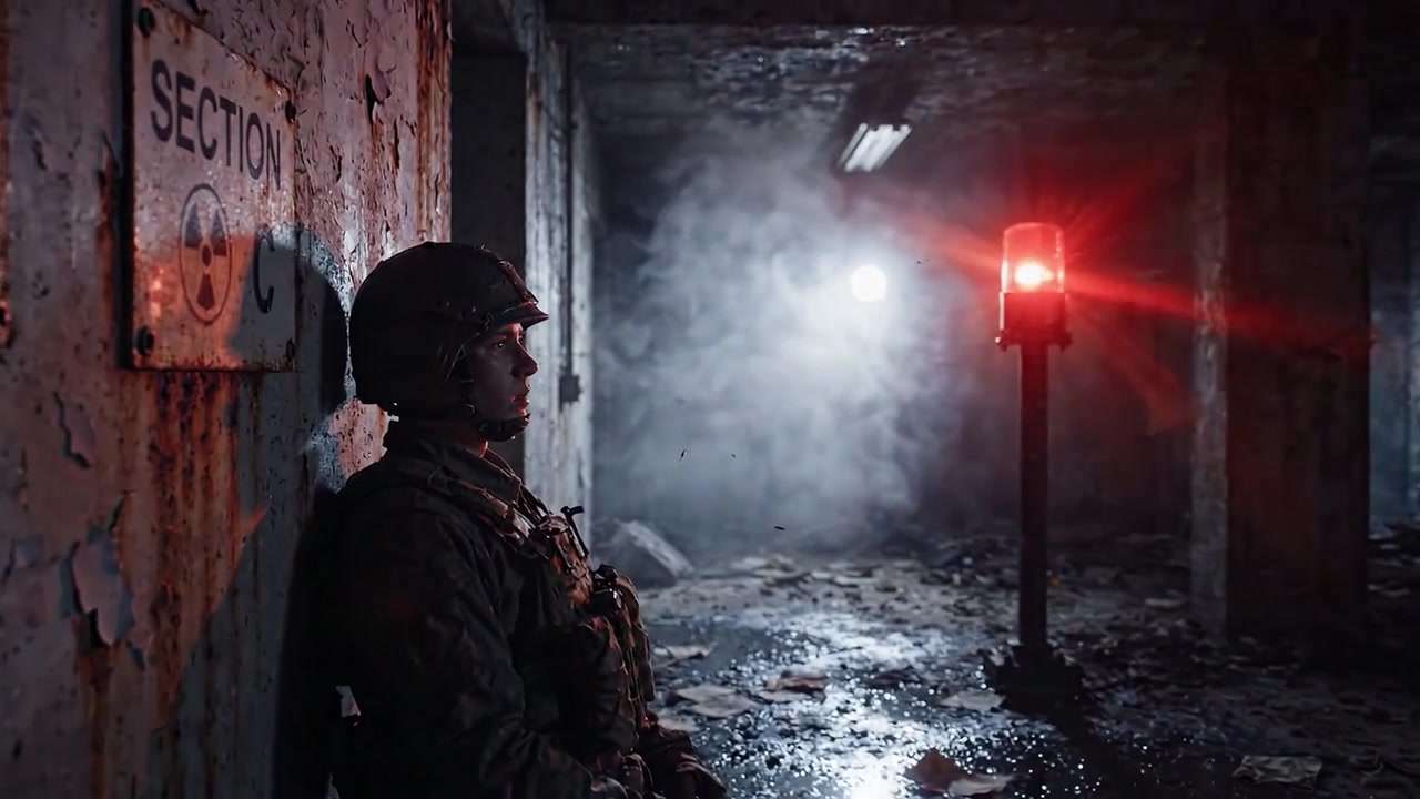 Un soldado solitario descansa contra una pared desgastada en un espacio abandonado y tenuemente iluminado, rodeado de humo inquietante y luces intermitentes, encarnando resiliencia y soledad.