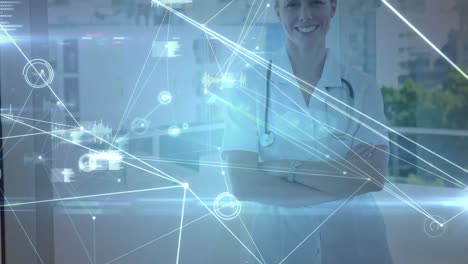 animación de la red de conexiones sobre el retrato de una doctora caucásica sonriendo en el hospital