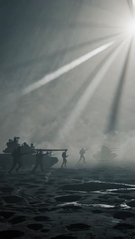 silhouetted soldiers advance across a cratered battlefield alongside tanks, illuminated by dramatic light rays piercing through the smoky atmosphere