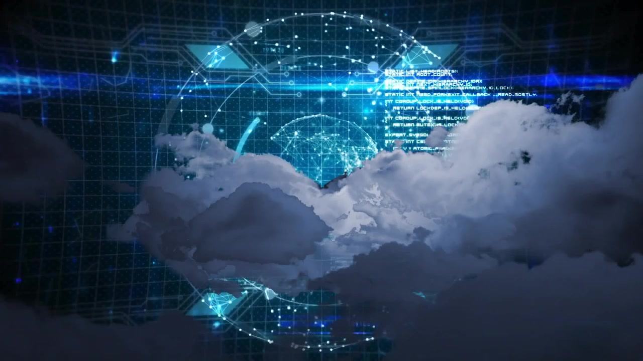 Billowing cloud parting revealing data globe with pulsing HUD arcs and text visualizing interface