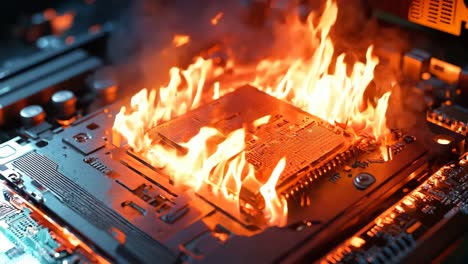 una placa base de computadora en llamas con una cpu en la parte superior