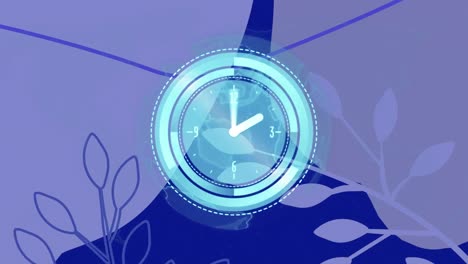 Animación-De-Escáner-Con-Procesamiento-De-Esfera-De-Reloj-Sobre-Hojas-Y-Formas-Orgánicas-De-Color-Lila-En-Azul