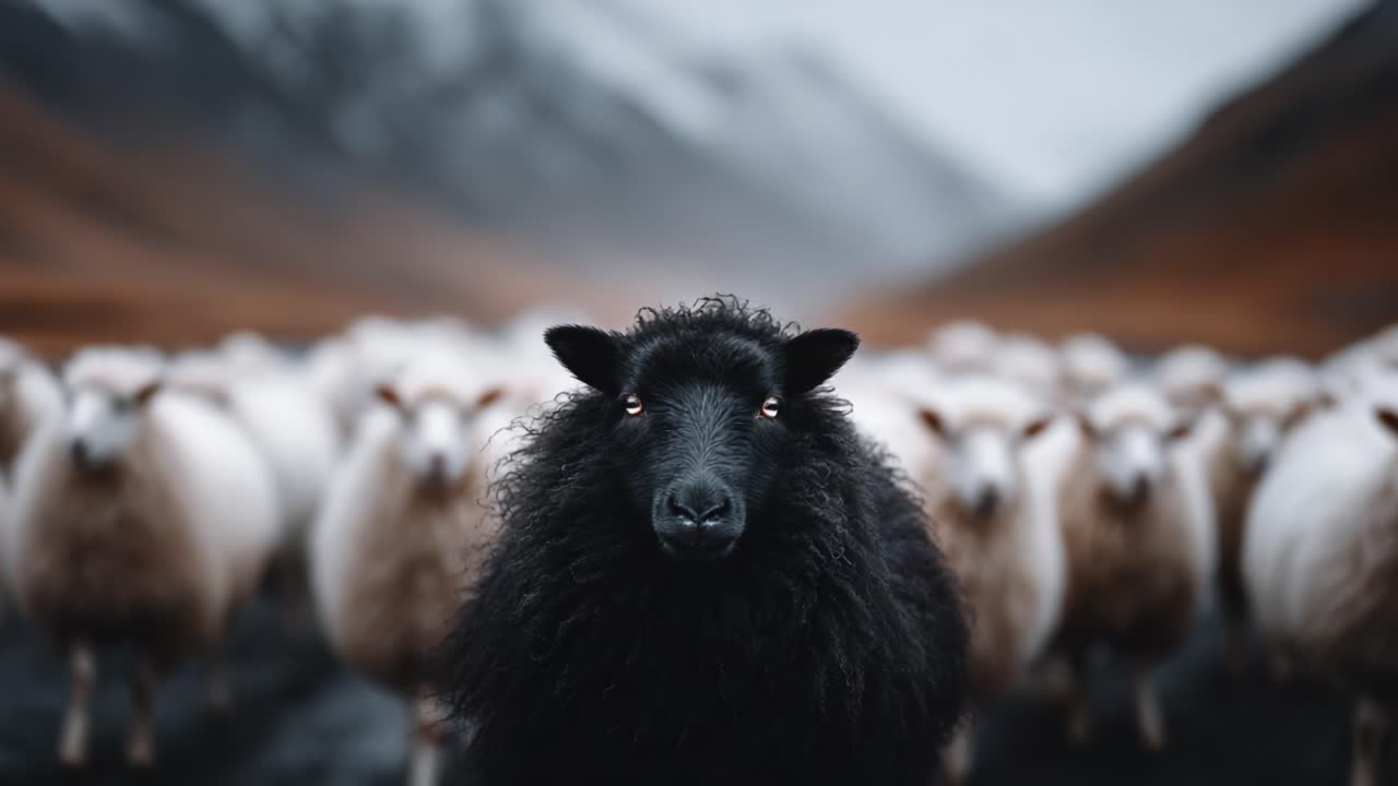 A striking black sheep stands boldly in the foreground, surrounded by a herd of white sheep in a picturesque pastoral landscape emphasizing the contrast of colors and textures