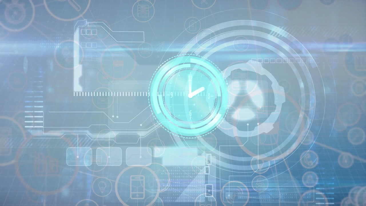 Animation of clock with turning hands over digital interface with data processing on grey