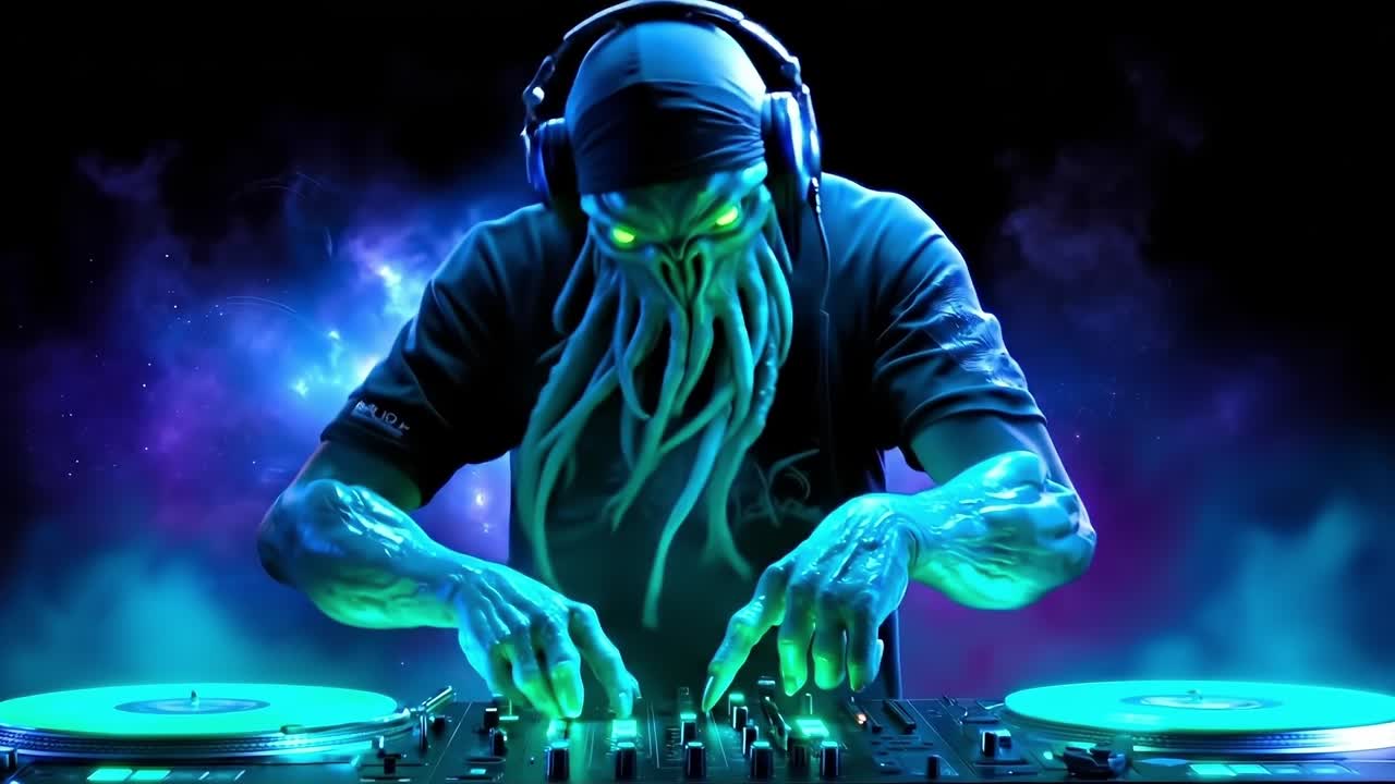 A man in a black shirt and headphones playing a dj set