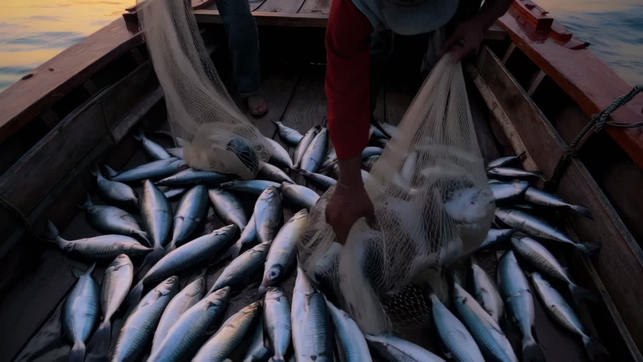 Fishermen hauling a catch at sunrise