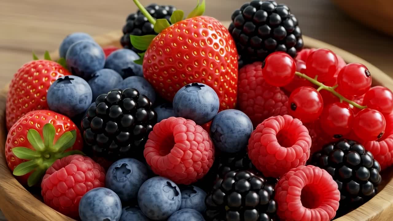 A beautifully arranged wooden bowl filled with freshly harvested berries showcases their vibrant colors and delightful natural sweetness