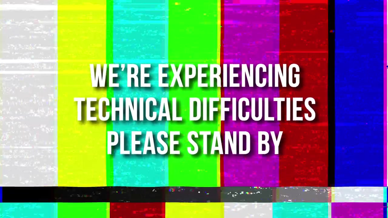 Messaggio 'Problemi tecnici' su barre colore TV con effetto glitch