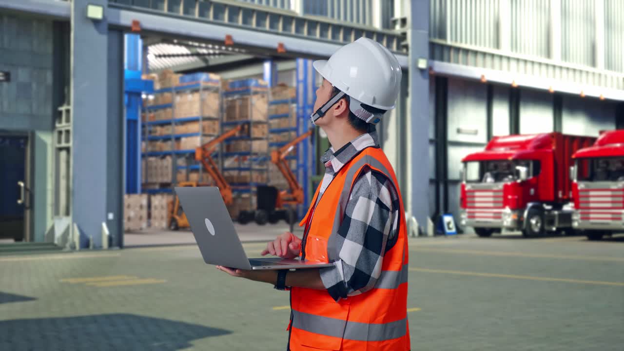 Side View Of Asian Male Engineer With Safety Helmet Working On A Laptop And Looking Around While Standing , Outside of Logistics Distributions Warehouse