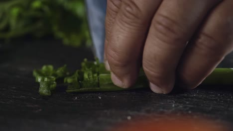 close-up of hands chopping fresh green herbs