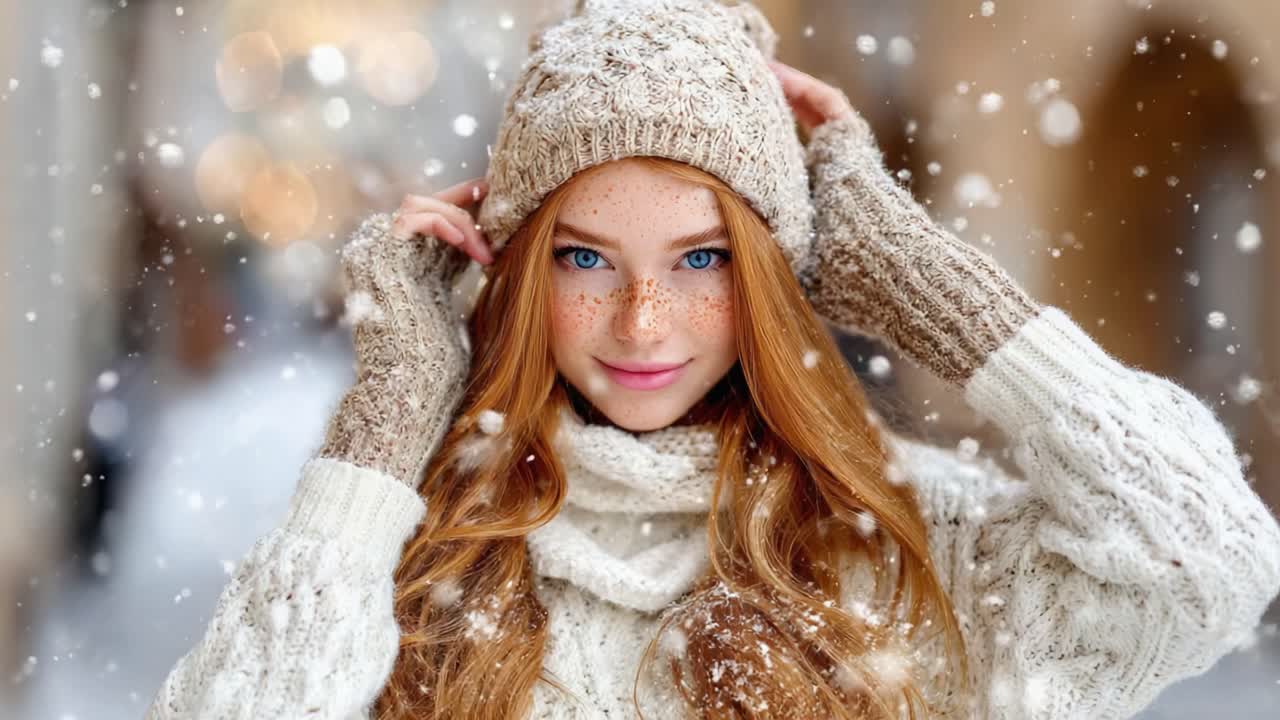 A Young Woman Radiates Joy in a Winter Wonderland, Showcasing Her Beauty with Freckles and a Cozy Sweater Amidst Falling Snowflakes and Soft Background Lights