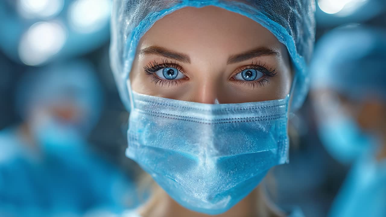 Captivating Portrait of a Medical Professional in Surgical Attire Focusing on Precision and Care in a Clinical Environment with Peers in the Background