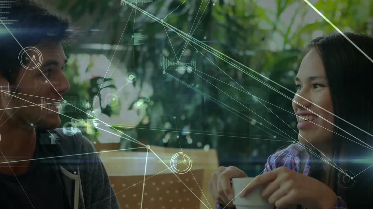 카페에서 다양한 사람들 사이의 연결 네트워크의 애니메이션