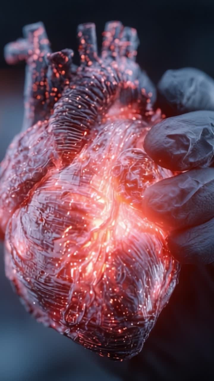 A Close-Up View of a Glowing, Transparent Heart Held in a Gloved Hand, Showcasing Intricate Details and Vibrant Light Emissions, Symbolizing Life and Vitality