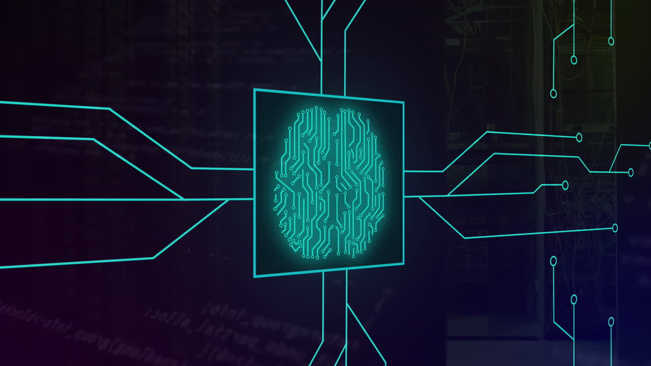 Animation of circuit board pattern around brain over computer language against server room