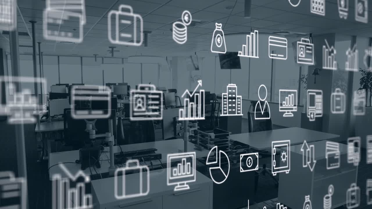 animación de múltiples iconos digitales que se mueven contra la oficina vacía.
