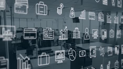 animation of multiple digital icons moving against empty office