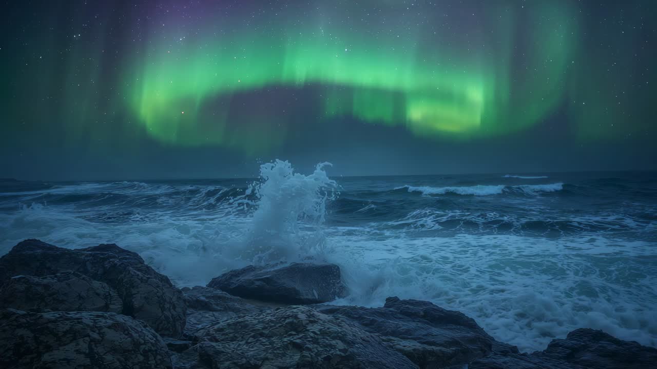 Crashing breaking ocean waves hitting rocky shore at night, sending white foam beneath auroral arc