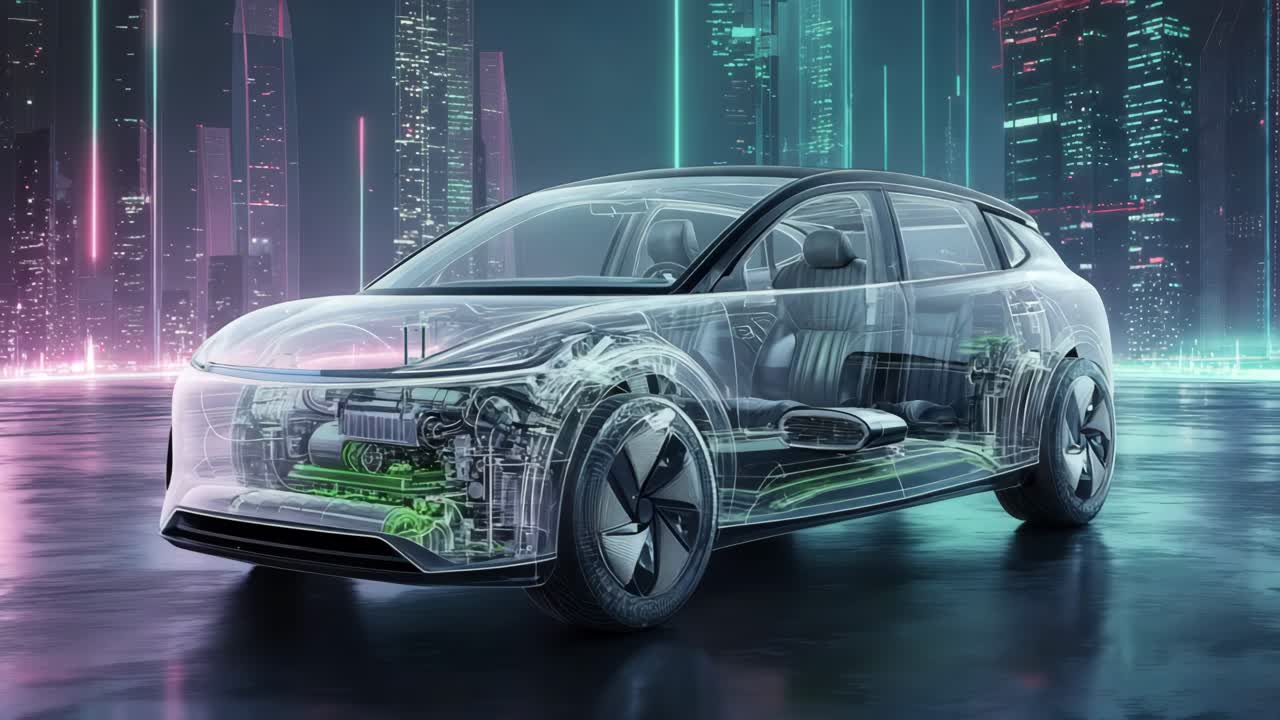 투명한 전기 차량 디자인과 미래의 도시 풍경